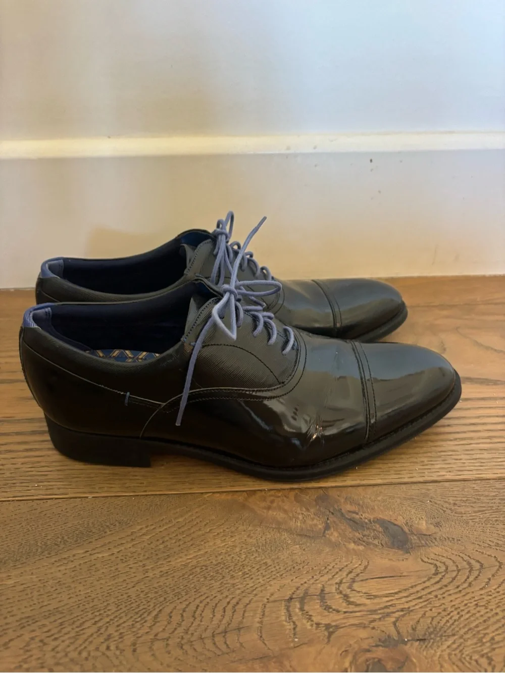 Ted Baker London Black Patent Cap-Toe Oxfords with blue Laces